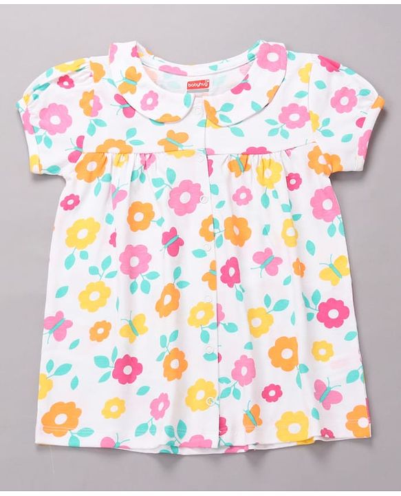 Babyhug Cotton Knit Half Sleeves Top & Shorts Co-ord Night Suit with Floral Print - Multicolor