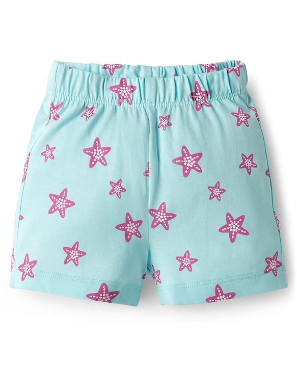 Babyhug Cotton Knit Half Sleeves Star Fish Printed Co-Ords Top & Shorts Night Suit - Light Blue