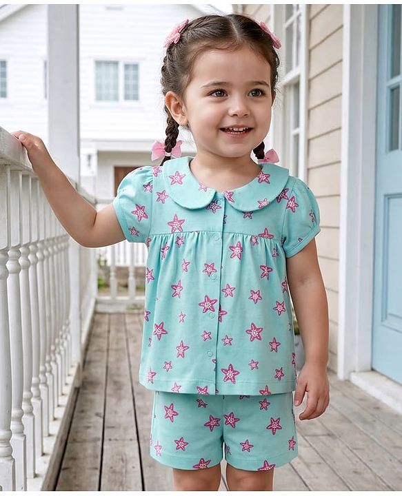 Babyhug Cotton Knit Half Sleeves Star Fish Printed Co-Ords Top & Shorts Night Suit - Light Blue