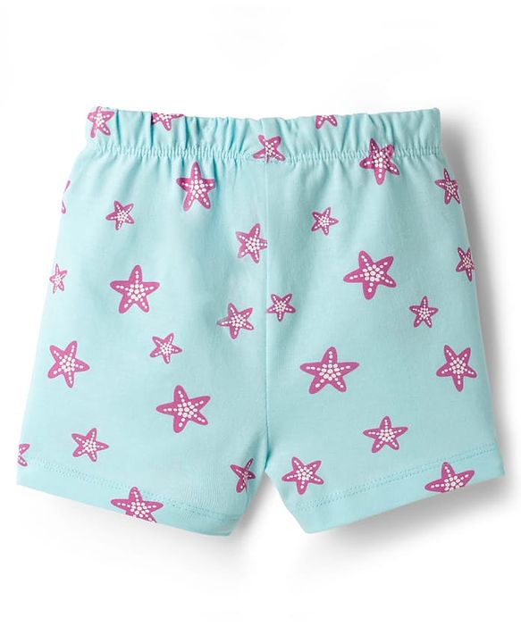 Babyhug Cotton Knit Half Sleeves Star Fish Printed Co-Ords Top & Shorts Night Suit - Light Blue