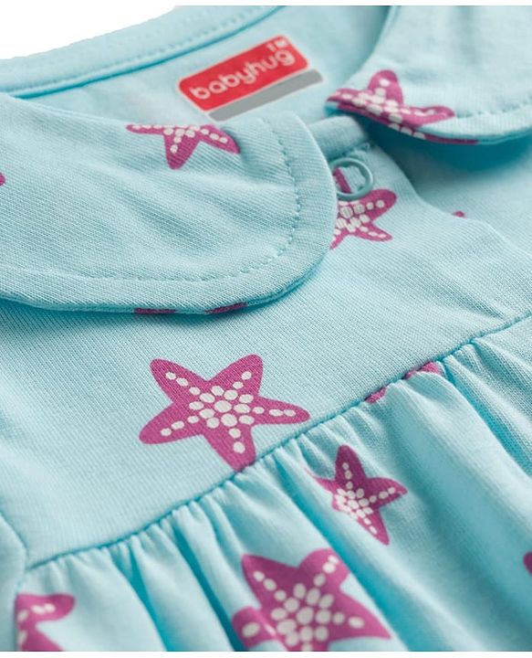 Babyhug Cotton Knit Half Sleeves Star Fish Printed Co-Ords Top & Shorts Night Suit - Light Blue