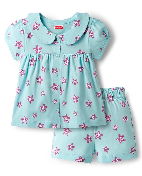 Babyhug Cotton Knit Half Sleeves Star Fish Printed Co-Ords Top & Shorts Night Suit - Light Blue