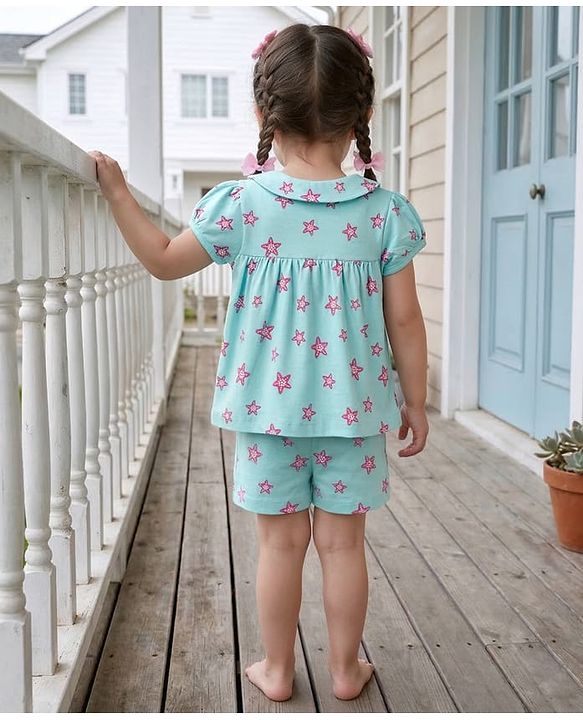 Babyhug Cotton Knit Half Sleeves Star Fish Printed Co-Ords Top & Shorts Night Suit - Light Blue