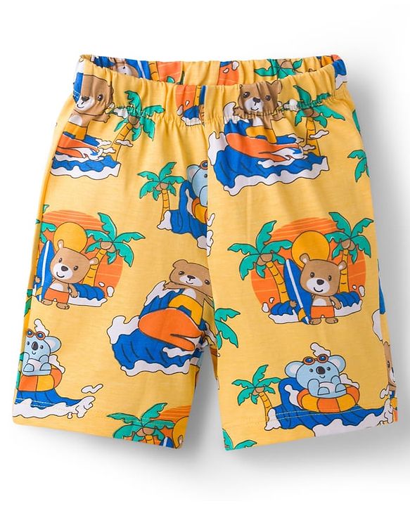 Babyhug Cotton Knit Half Sleeves Front Open Shirt & Shorts Co-Ords Night Suit Bear Print - Yellow