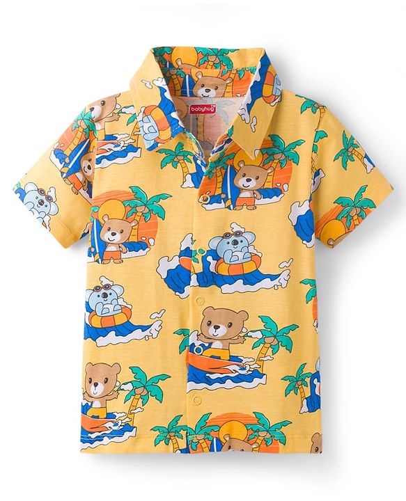 Babyhug Cotton Knit Half Sleeves Front Open Shirt & Shorts Co-Ords Night Suit Bear Print - Yellow
