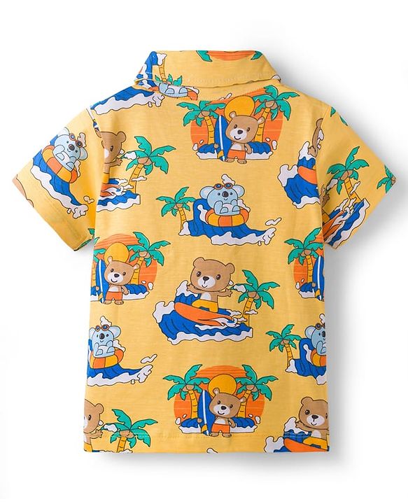 Babyhug Cotton Knit Half Sleeves Front Open Shirt & Shorts Co-Ords Night Suit Bear Print - Yellow