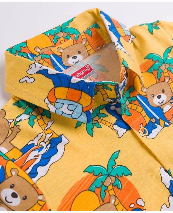 Babyhug Cotton Knit Half Sleeves Front Open Shirt & Shorts Co-Ords Night Suit Bear Print - Yellow