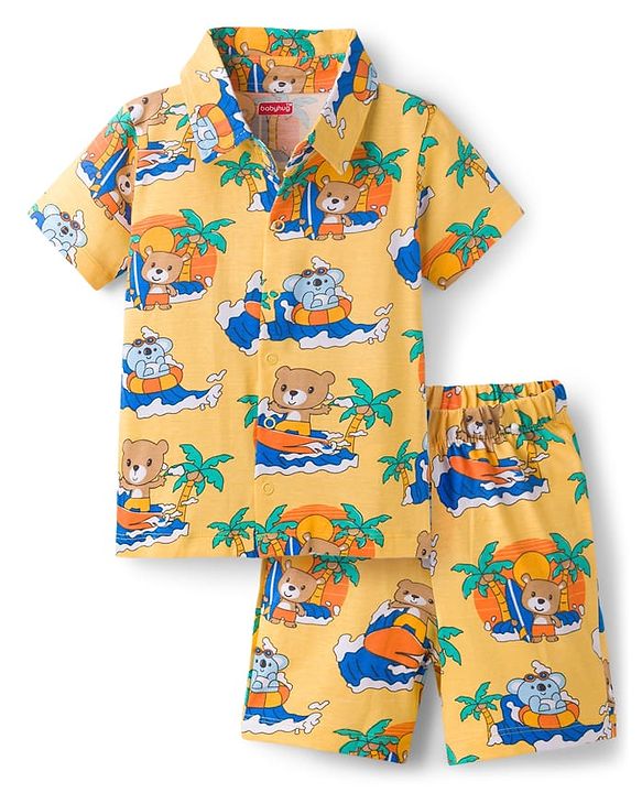 Babyhug Cotton Knit Half Sleeves Front Open Shirt & Shorts Co-Ords Night Suit Bear Print - Yellow