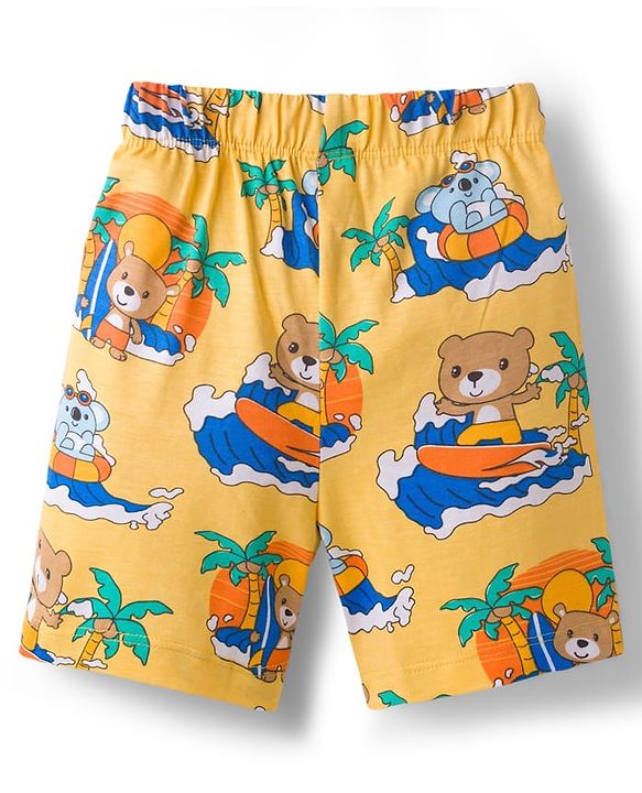 Babyhug Cotton Knit Half Sleeves Front Open Shirt & Shorts Co-Ords Night Suit Bear Print - Yellow