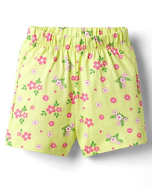 Babyhug Cotton Knit Half Sleeves Top & Shorts Co-ord Night Suit with Floral Print - Green