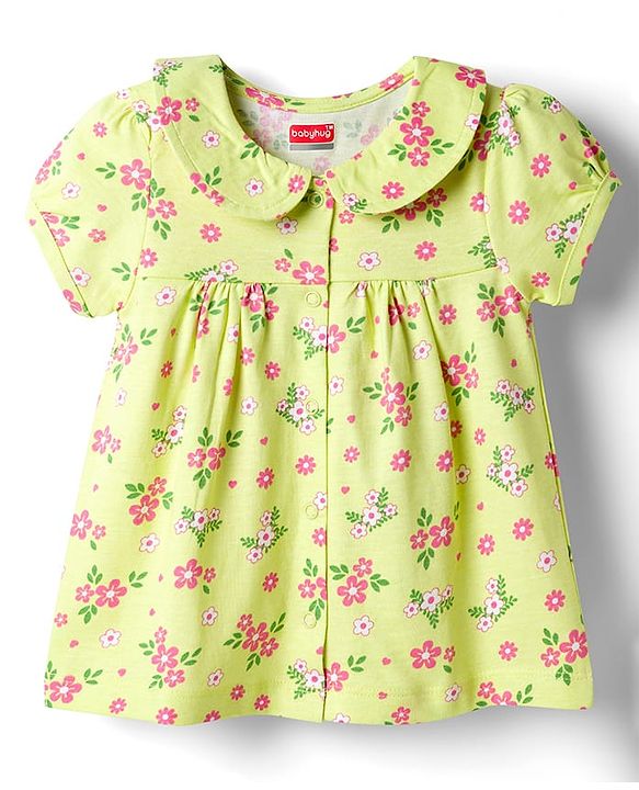 Babyhug Cotton Knit Half Sleeves Top & Shorts Co-ord Night Suit with Floral Print - Green