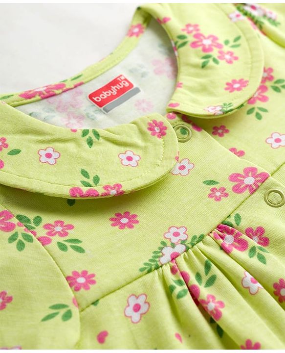 Babyhug Cotton Knit Half Sleeves Top & Shorts Co-ord Night Suit with Floral Print - Green