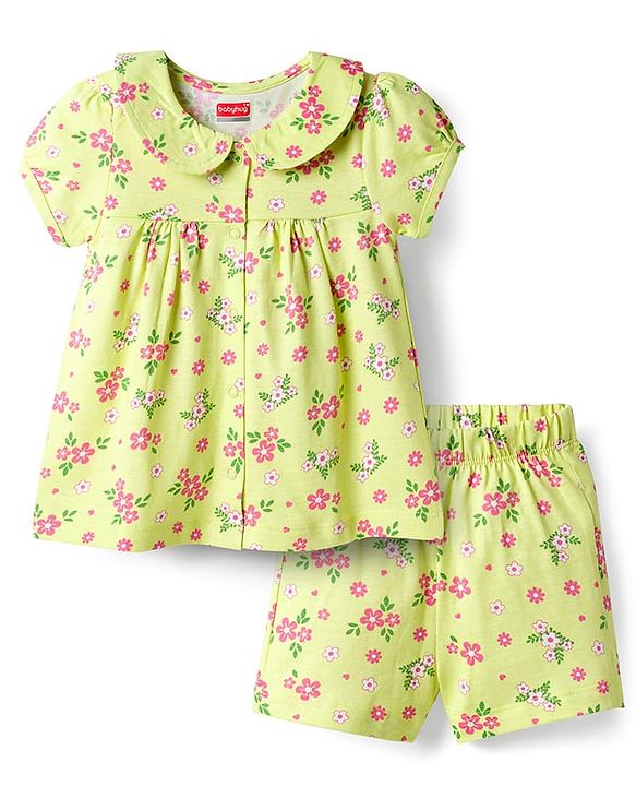 Babyhug Cotton Knit Half Sleeves Top & Shorts Co-ord Night Suit with Floral Print - Green
