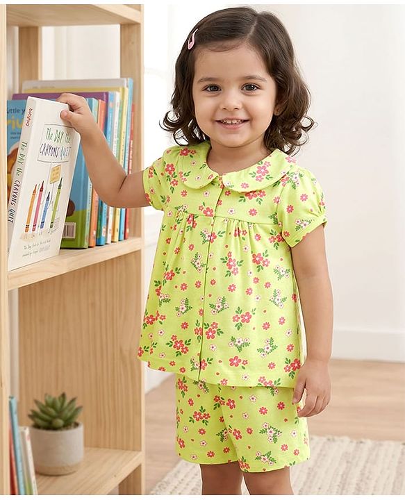 Babyhug Cotton Knit Half Sleeves Top & Shorts Co-ord Night Suit with Floral Print - Green