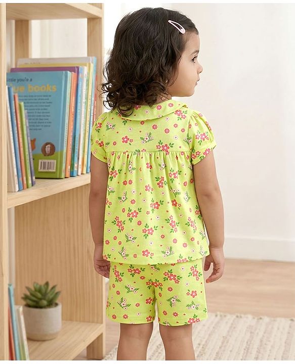 Babyhug Cotton Knit Half Sleeves Top & Shorts Co-ord Night Suit with Floral Print - Green