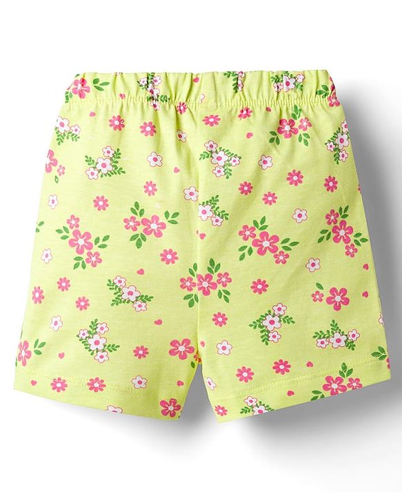 Babyhug Cotton Knit Half Sleeves Top & Shorts Co-ord Night Suit with Floral Print - Green