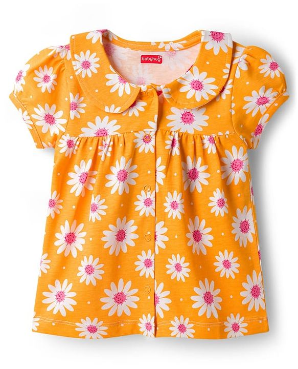 Babyhug Cotton Knit Half Sleeves Top & Shorts Co-ord Night Suit with Floral Print - Orange
