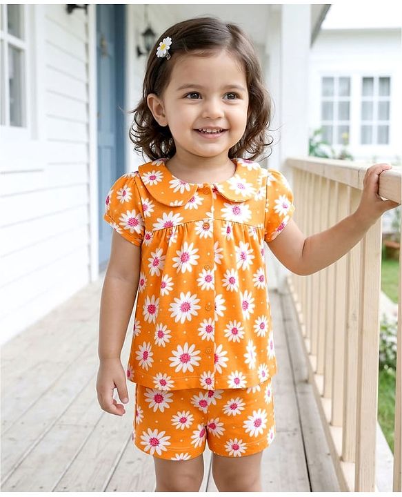 Babyhug Cotton Knit Half Sleeves Top & Shorts Co-ord Night Suit with Floral Print - Orange