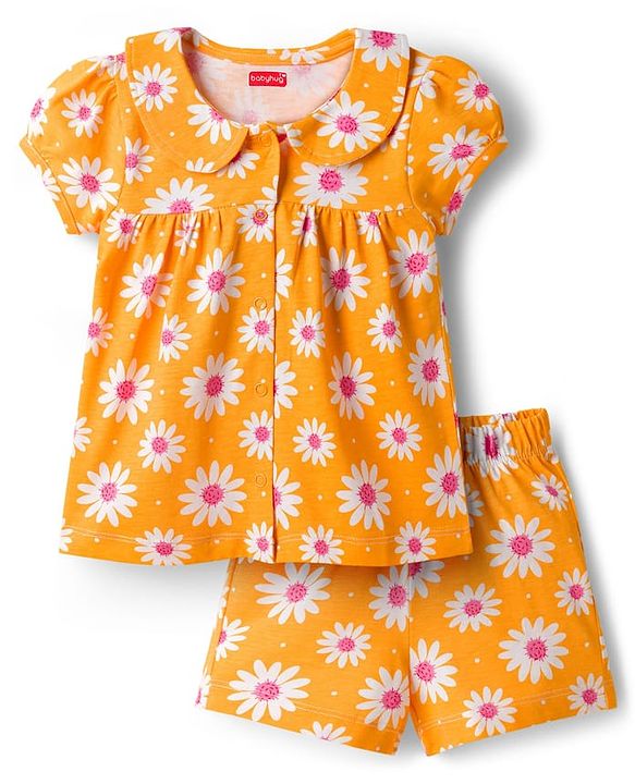 Babyhug Cotton Knit Half Sleeves Top & Shorts Co-ord Night Suit with Floral Print - Orange