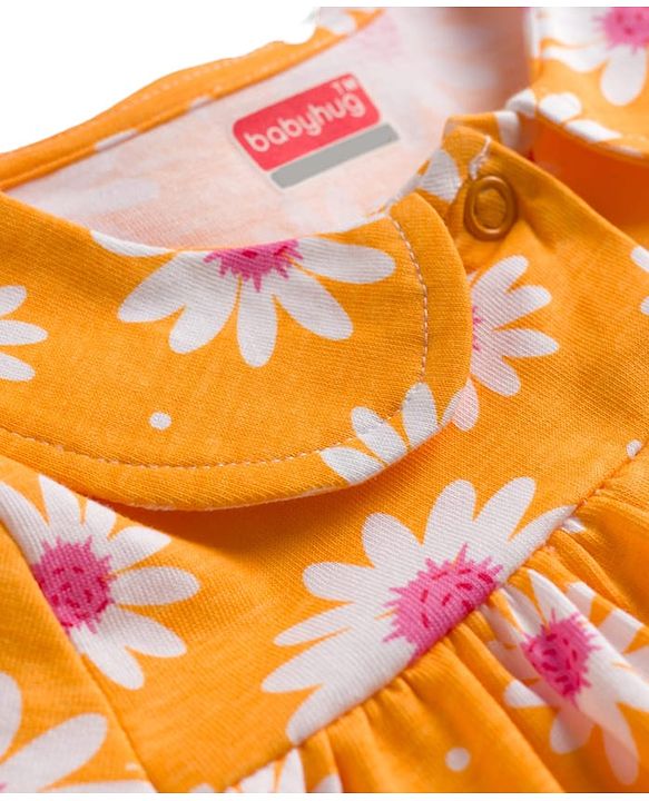 Babyhug Cotton Knit Half Sleeves Top & Shorts Co-ord Night Suit with Floral Print - Orange