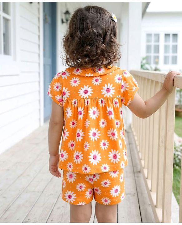 Babyhug Cotton Knit Half Sleeves Top & Shorts Co-ord Night Suit with Floral Print - Orange