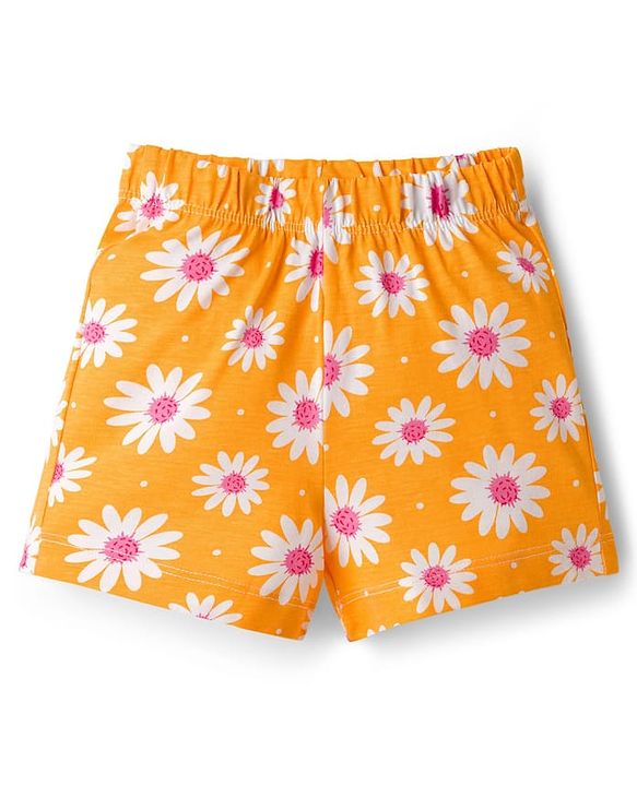 Babyhug Cotton Knit Half Sleeves Top & Shorts Co-ord Night Suit with Floral Print - Orange