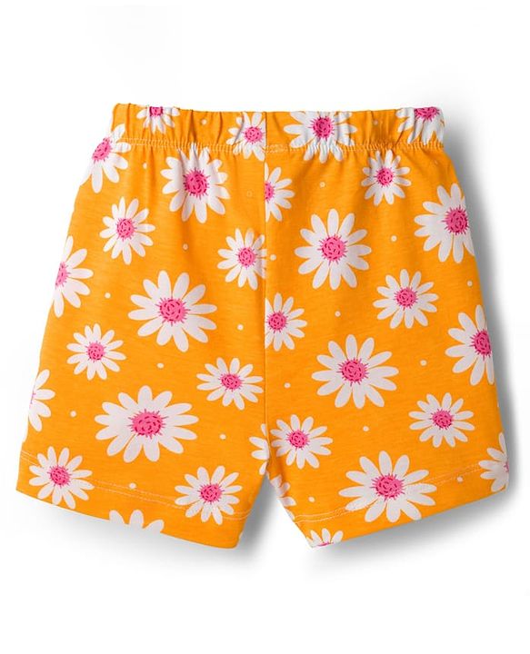 Babyhug Cotton Knit Half Sleeves Top & Shorts Co-ord Night Suit with Floral Print - Orange