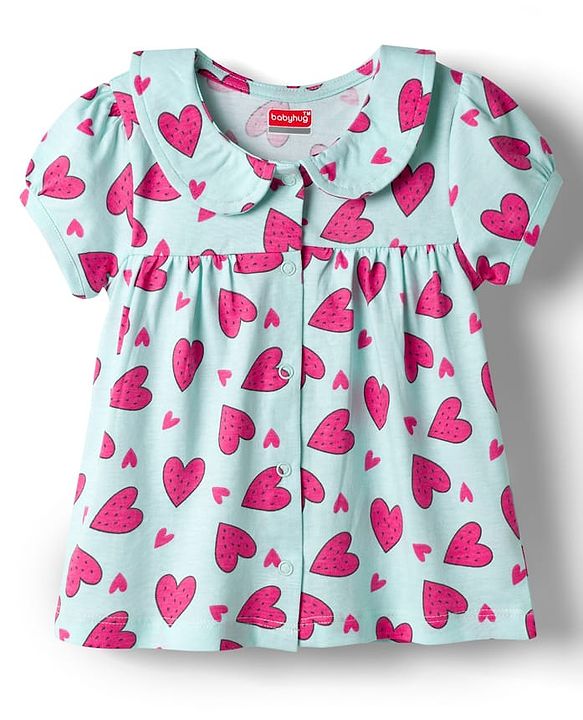 Babyhug Cotton Knit Half Sleeves Top & Shorts Co-ord Night Suit with Heart Print - Blue