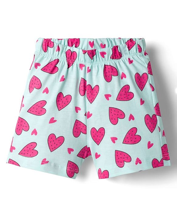 Babyhug Cotton Knit Half Sleeves Top & Shorts Co-ord Night Suit with Heart Print - Blue