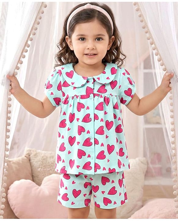 Babyhug Cotton Knit Half Sleeves Top & Shorts Co-ord Night Suit with Heart Print - Blue