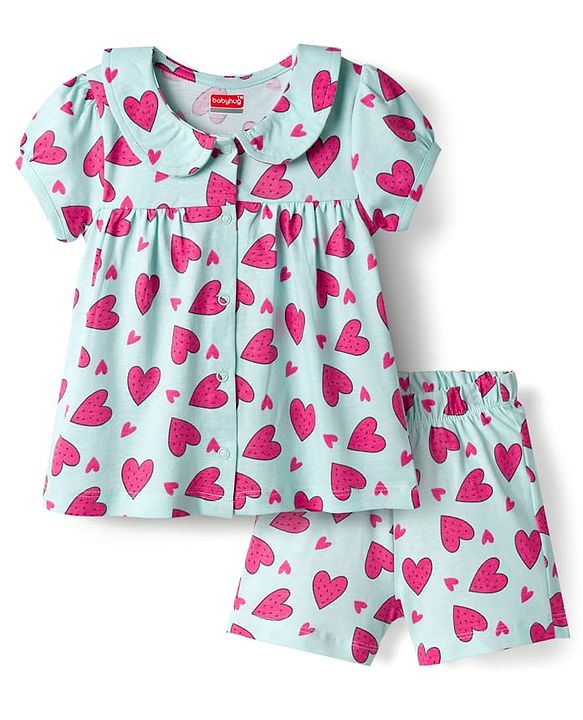 Babyhug Cotton Knit Half Sleeves Top & Shorts Co-ord Night Suit with Heart Print - Blue