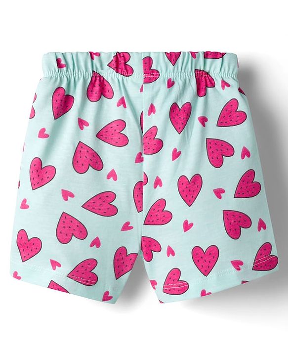 Babyhug Cotton Knit Half Sleeves Top & Shorts Co-ord Night Suit with Heart Print - Blue