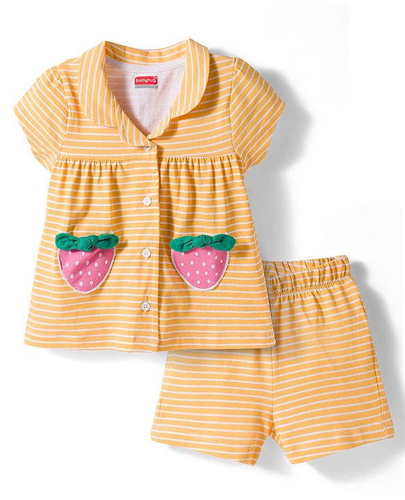 Babyhug Cotton Knit Half Sleeves Front Open Top & Shorts Night Suit Set - Orange