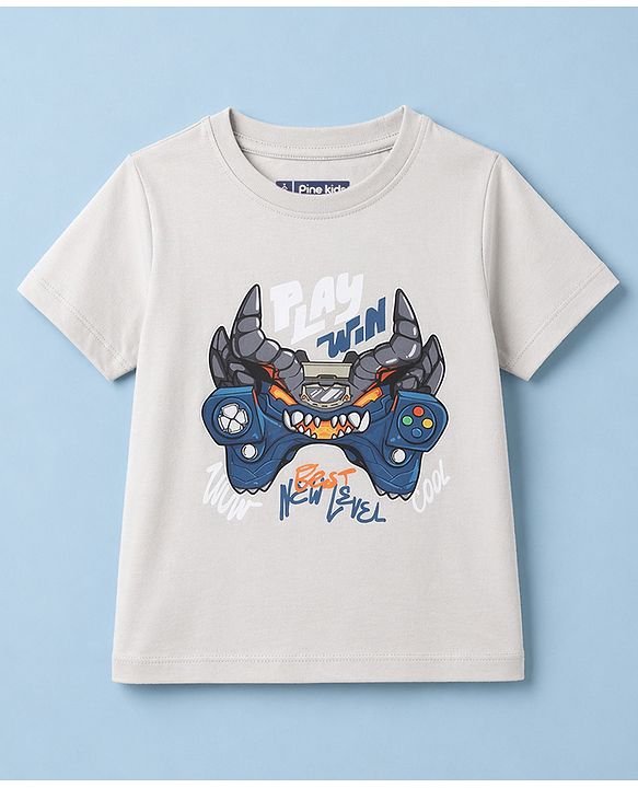 Pine Kids Cotton Knit T-Shirts Graphic Print Round Neck Grey 4-5 Years