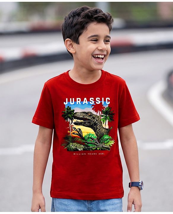 Pine Kids Cotton Knit T-Shirt Graphic Print Half Sleeves Round Neck Red 5-6 Years