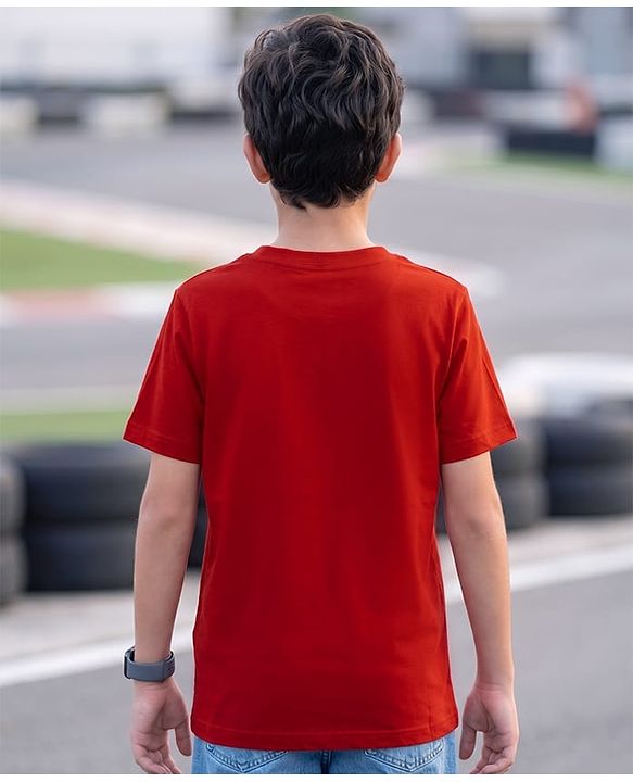 Pine Kids Cotton Knit T-Shirt Graphic Print Round Neck Half Sleeves Red 5-6 Years