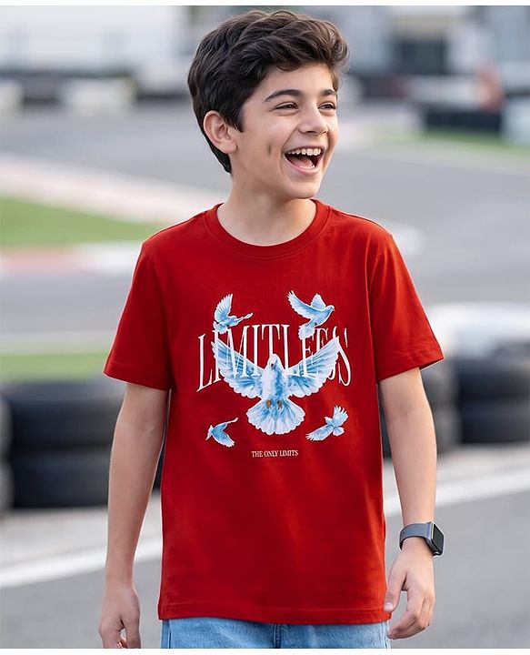 Pine Kids Cotton Knit T-Shirt Graphic Print Round Neck Half Sleeves Red 5-6 Years