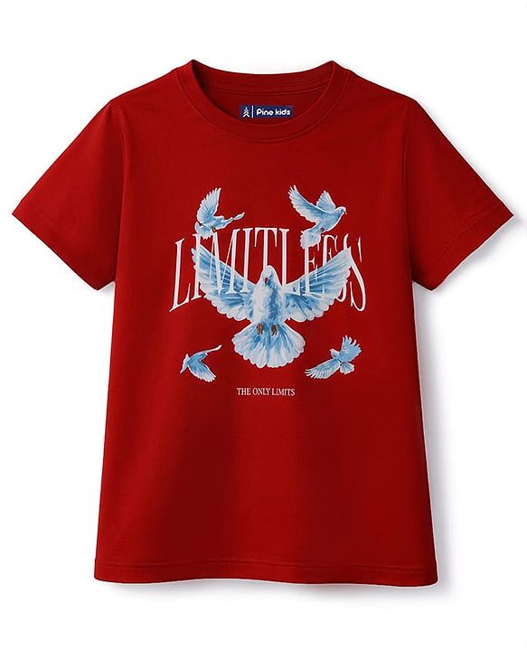 Pine Kids Cotton Knit T-Shirt Graphic Print Round Neck Half Sleeves Red 5-6 Years