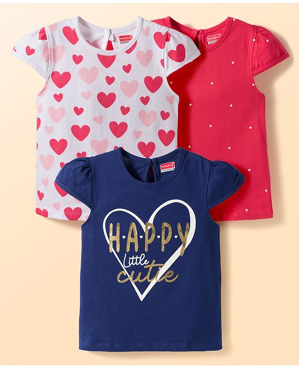 Babyhug Cotton Knit Half Sleeves T-Shirts With Heart & Star Print Pack of 3 - Multicolor