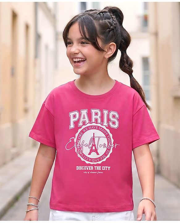 Pine Kids Cotton Knit T-Shirts Round Neck Half Sleeves Graphic Print Pink 4-5 Years