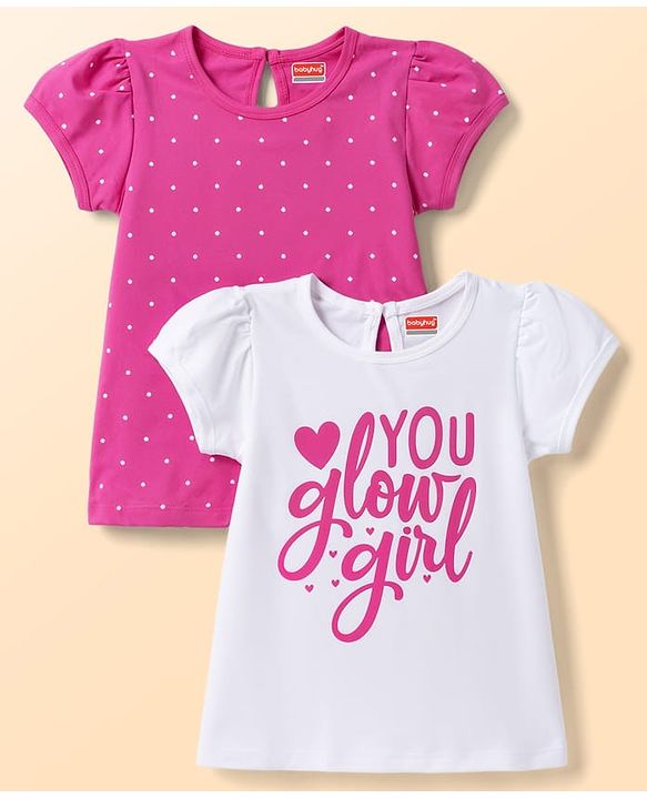 Babyhug 100% Cotton Knit Half Sleeves T-Shirts With Text & Polka Dots Print Pack of 2 - Multicolor