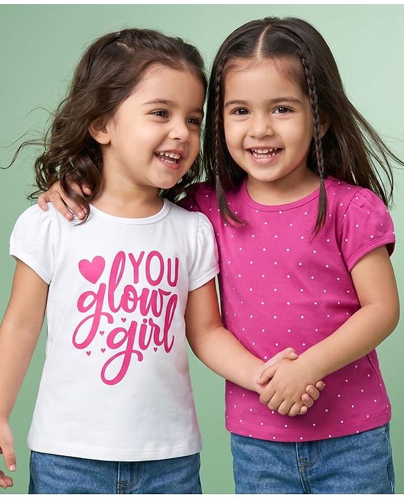 Babyhug 100% Cotton Knit Half Sleeves T-Shirts With Text & Polka Dots Print Pack of 2 - Multicolor