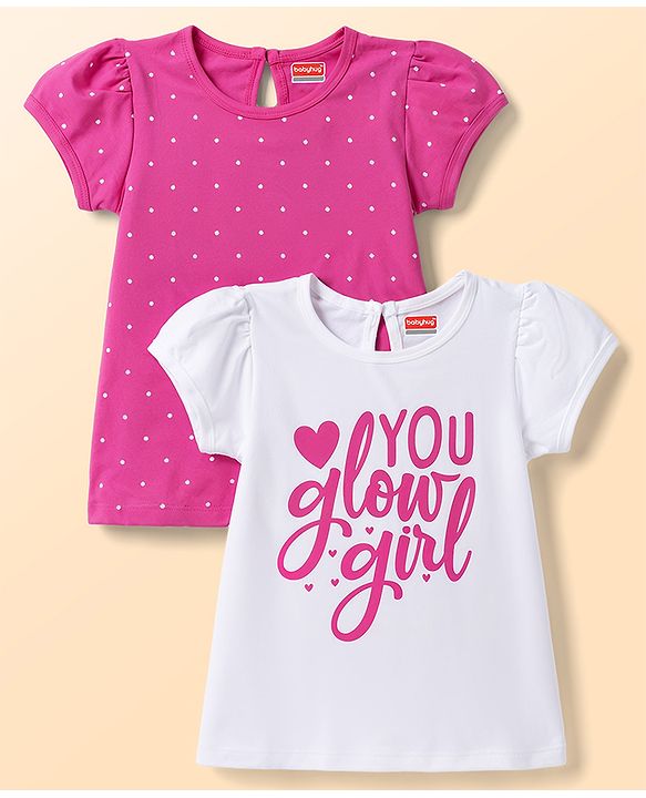 Babyhug 100% Cotton Knit Half Sleeves T-Shirts With Text & Polka Dots Print Pack of 2 - Multicolor