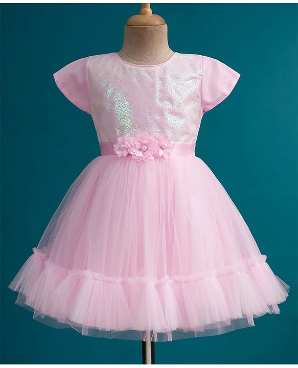 Babyhug Mesh Woven Half Sleeves Fit & Flared Party Dress with Floral Corsage & Sequin Detailing - Dark Pink