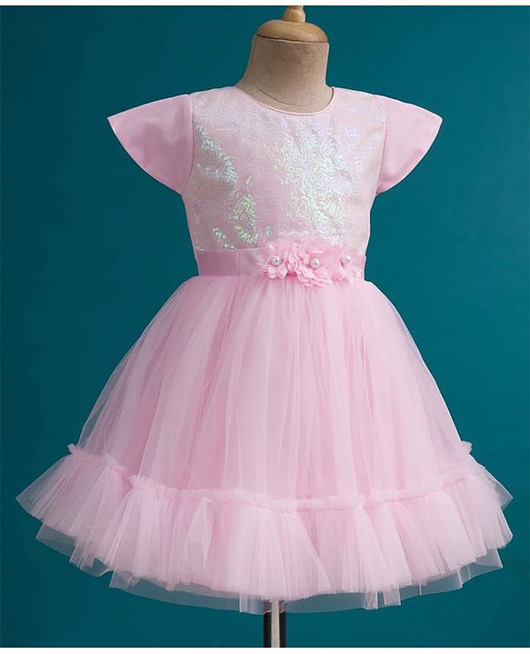 Babyhug Mesh Woven Half Sleeves Fit & Flared Party Dress with Floral Corsage & Sequin Detailing - Dark Pink