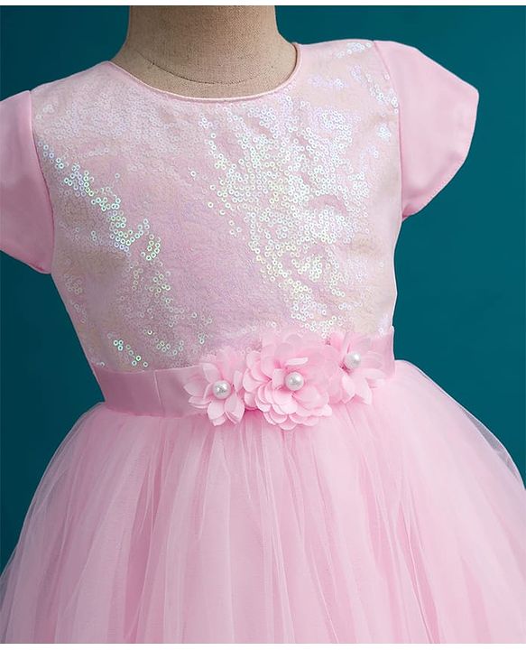 Babyhug Mesh Woven Half Sleeves Fit & Flared Party Dress with Floral Corsage & Sequin Detailing - Dark Pink