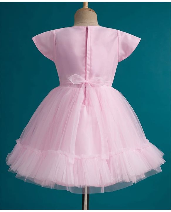 Babyhug Mesh Woven Half Sleeves Fit & Flared Party Dress with Floral Corsage & Sequin Detailing - Dark Pink