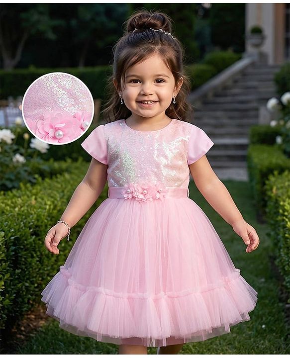 Babyhug Mesh Woven Half Sleeves Fit & Flared Party Dress with Floral Corsage & Sequin Detailing - Dark Pink