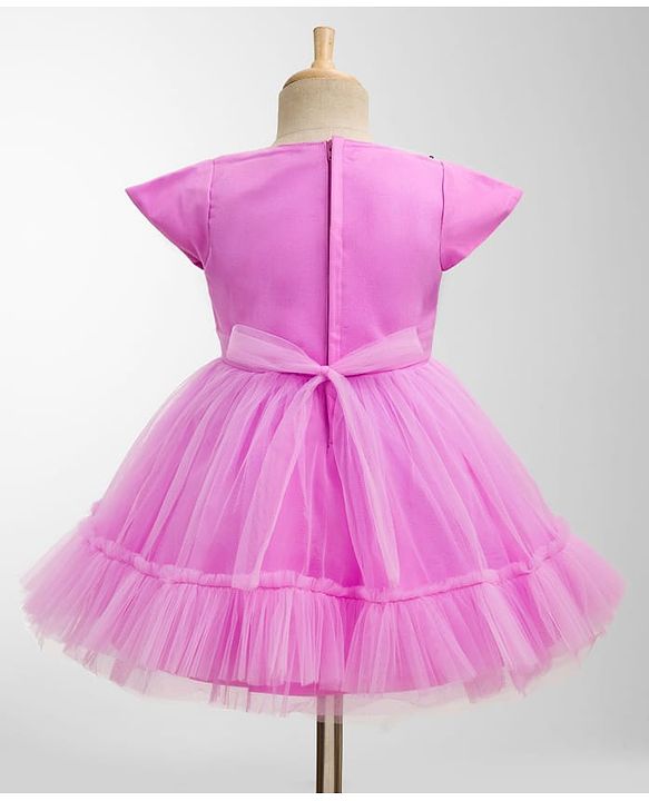Babyhug Mesh Woven Half Sleeves Fit & Flared Tiered Party Frock with Sequin & Corsage Detailing- Lavender