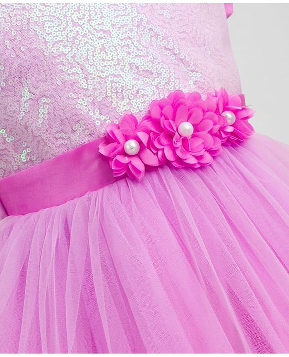 Babyhug Mesh Woven Half Sleeves Fit & Flared Tiered Party Frock with Sequin & Corsage Detailing- Lavender